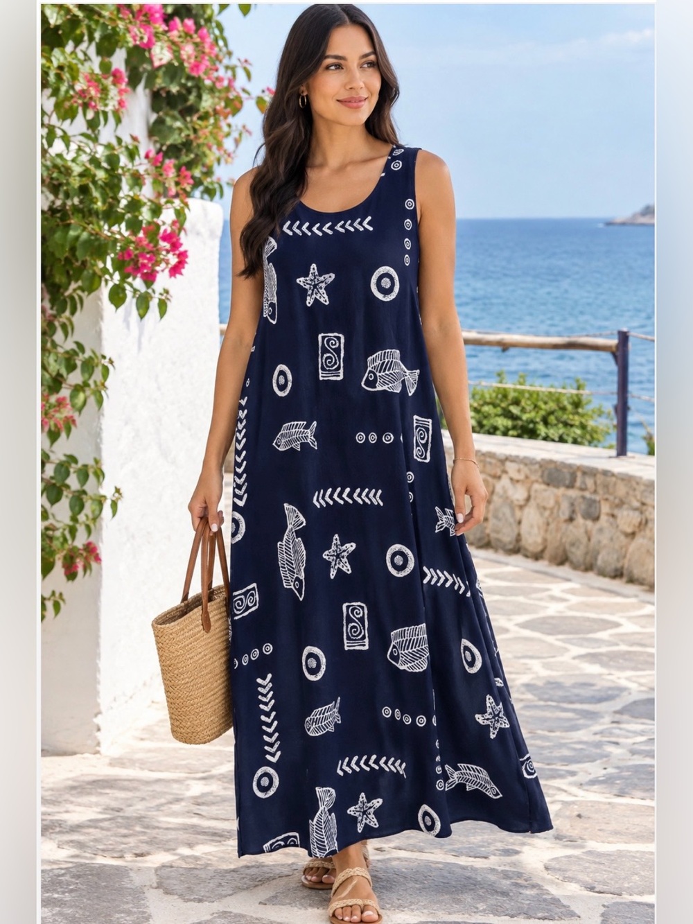 Navy Blue Printed Sleeveless Maxi Swim Coverup - Women